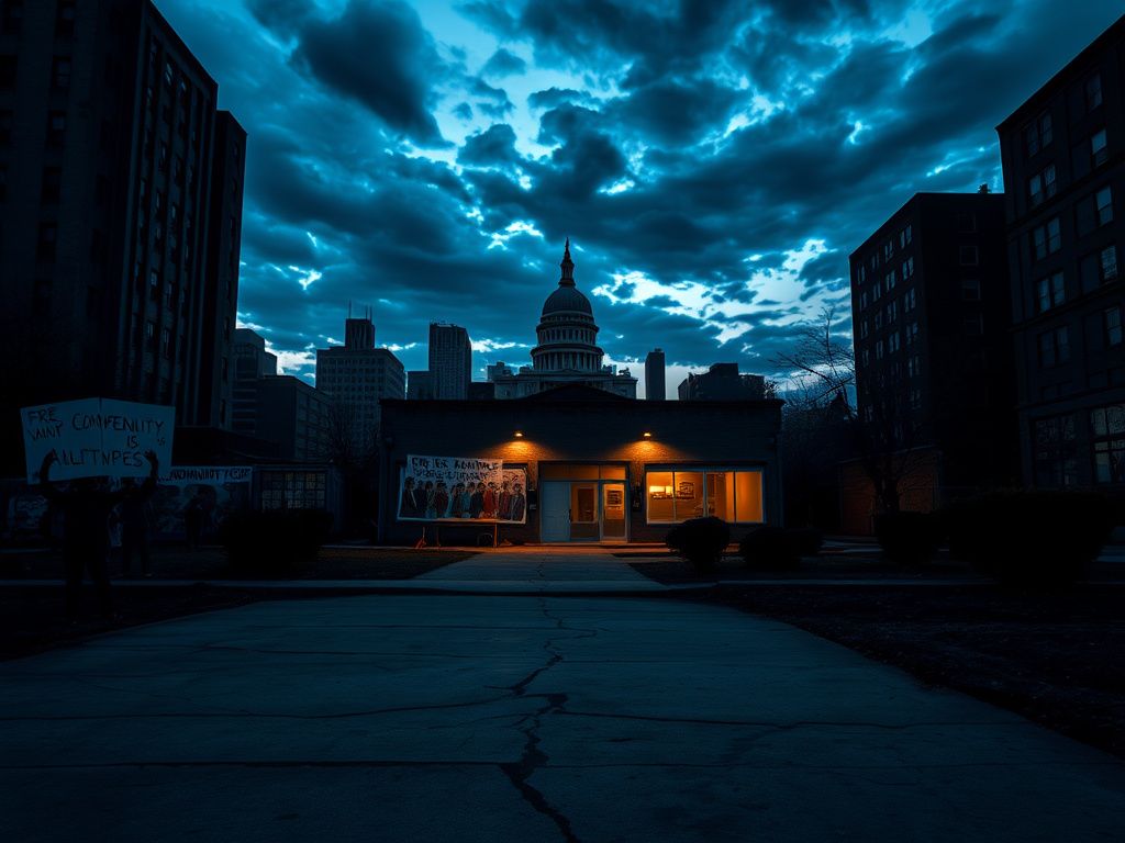 Flick International A stark urban landscape depicting authority and community struggle at dusk