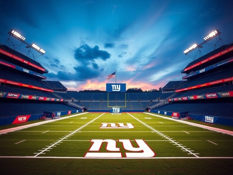 Flick International A vibrant scene of an empty New York Giants stadium at twilight with bright lights and team colors