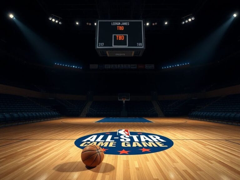 Flick International Empty basketball court under bright arena lights with All-Star Game logo