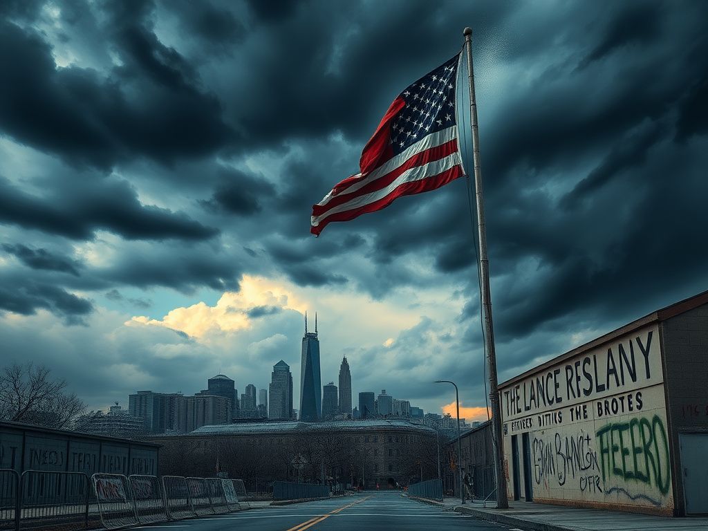 Flick International Dark stormy sky over Minnesota skyline with torn American flag symbolizing conflict