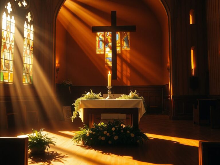 Flick International Serene church interior symbolizing hope and resilience with warm, golden light and a beautifully crafted altar.