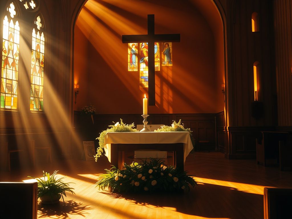 Flick International Serene church interior symbolizing hope and resilience with warm, golden light and a beautifully crafted altar.