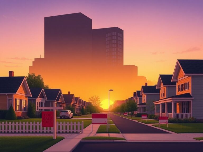 Flick International Tranquil suburban neighborhood at dusk with charming single-family homes and a 'For Sale' sign