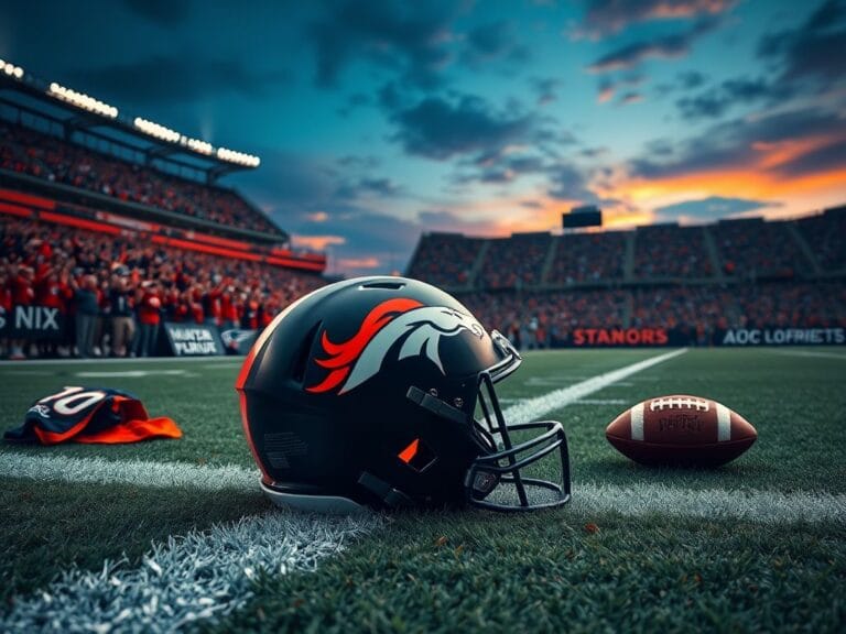 Flick International Close-up of a distressed Denver Broncos helmet on turf, symbolizing Bo Nix's injury
