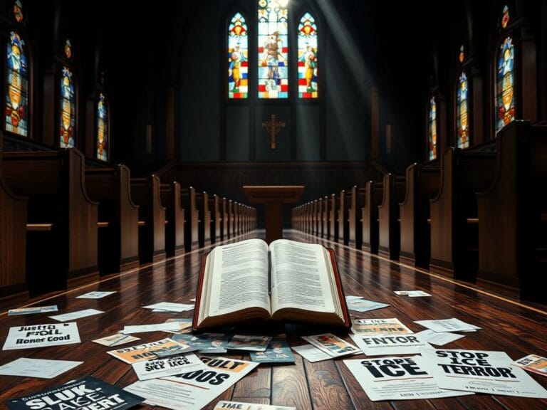 Flick International A dramatic view of an empty church sanctuary with pews and colorful stained glass light patterns