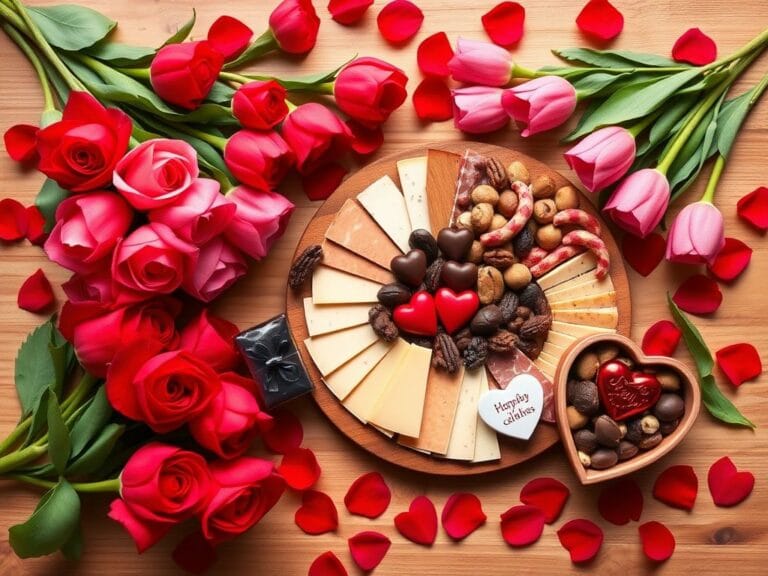 Flick International A beautifully arranged flat lay of Valentine's Day gifts featuring red roses, pink tulips, and gourmet charcuterie.