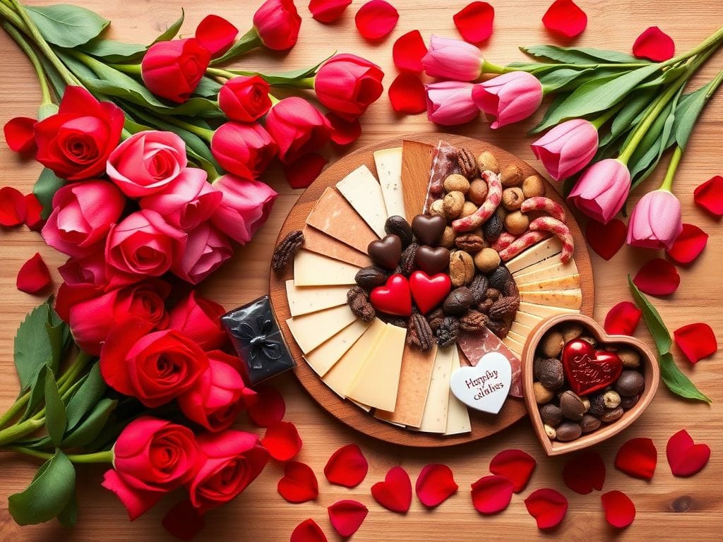 Flick International A beautifully arranged flat lay of Valentine's Day gifts featuring red roses, pink tulips, and gourmet charcuterie.