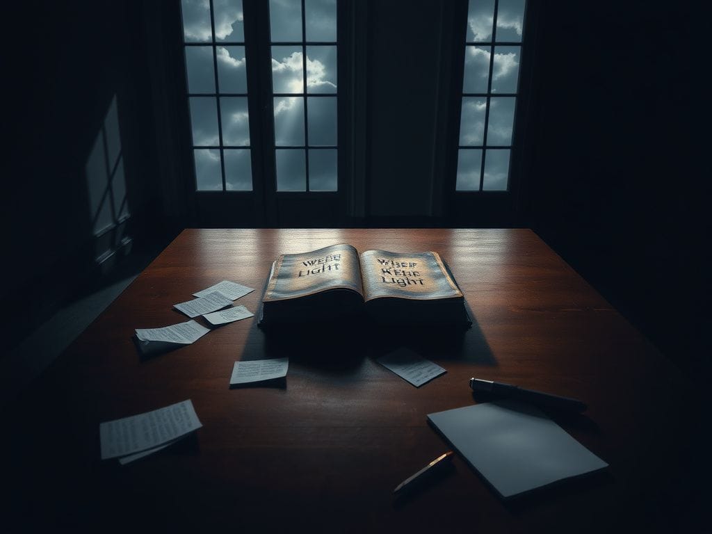 Flick International A dimly lit room with a polished wooden table scattered with papers and a closed leather-bound book titled 'Where We Keep the Light'.