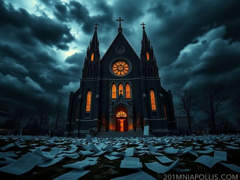 Flick International Exterior of a historic church in Minneapolis surrounded by stormy skies