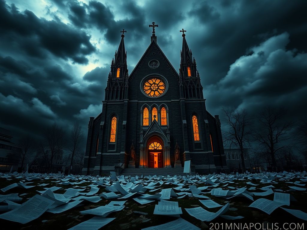Flick International Exterior of a historic church in Minneapolis surrounded by stormy skies
