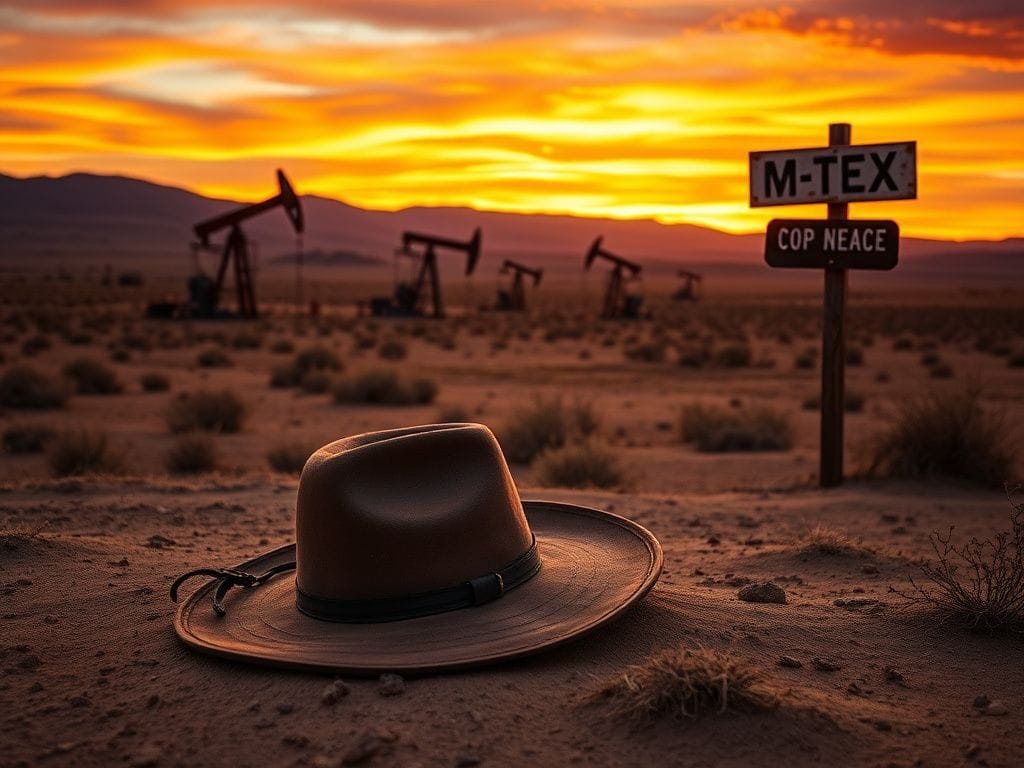Flick International Dramatic West Texas sunset landscape with pumpjacks and cowboy hat symbolizing resilience in the oil industry