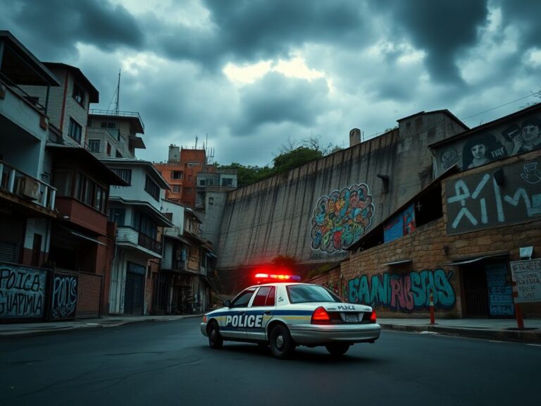 Flick International Dramatic urban scene in Guatemala City featuring a police car with flashing lights on a deserted street
