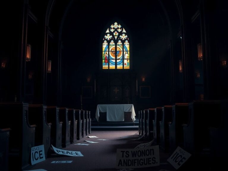 Flick International Dimly lit church interior with stained glass window and protest signs on the floor