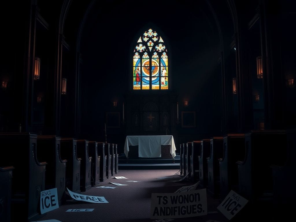 Flick International Dimly lit church interior with stained glass window and protest signs on the floor