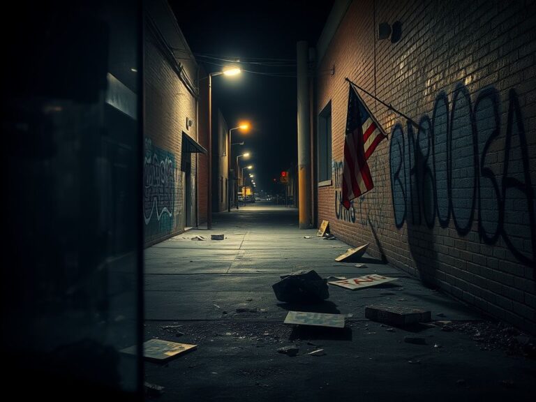 Flick International Dimly lit urban alleyway in Minnesota with graffiti and shattered glass reflecting streetlights