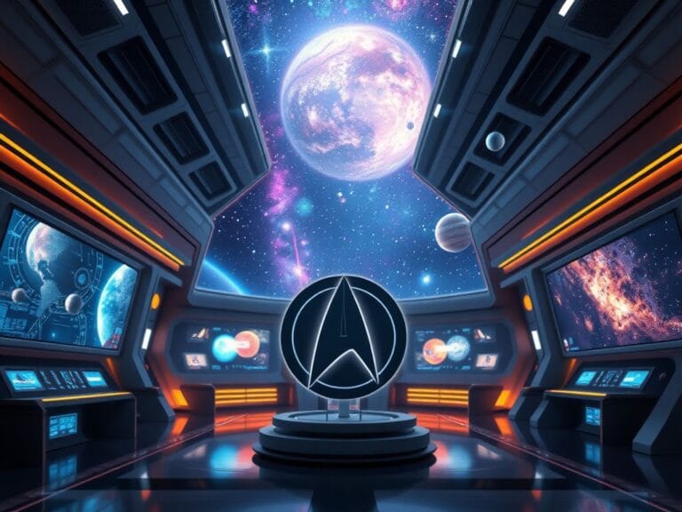 Flick International A futuristic Starfleet Academy scene featuring advanced technology and a diverse cosmic landscape