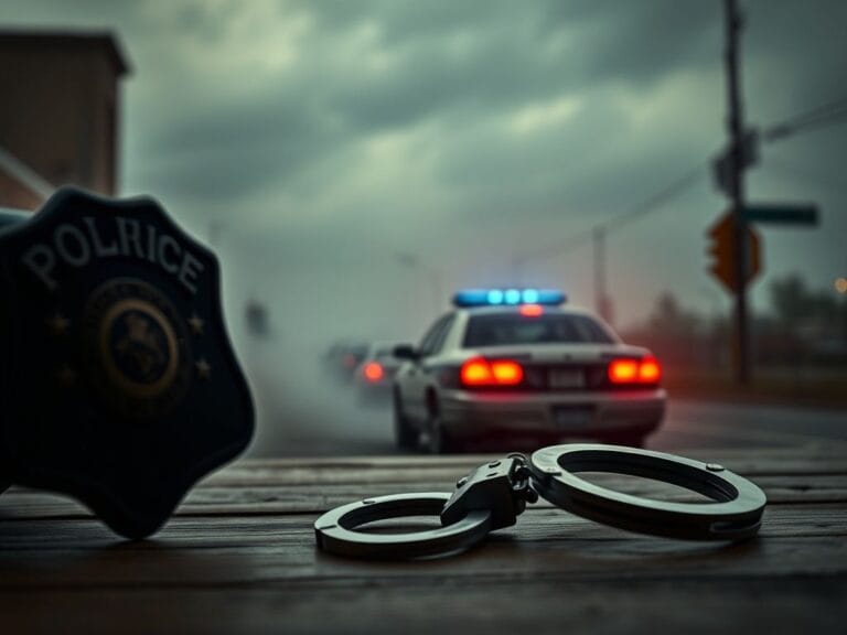 Flick International A blurred police badge and handcuffs symbolizing law enforcement tensions in Minnesota