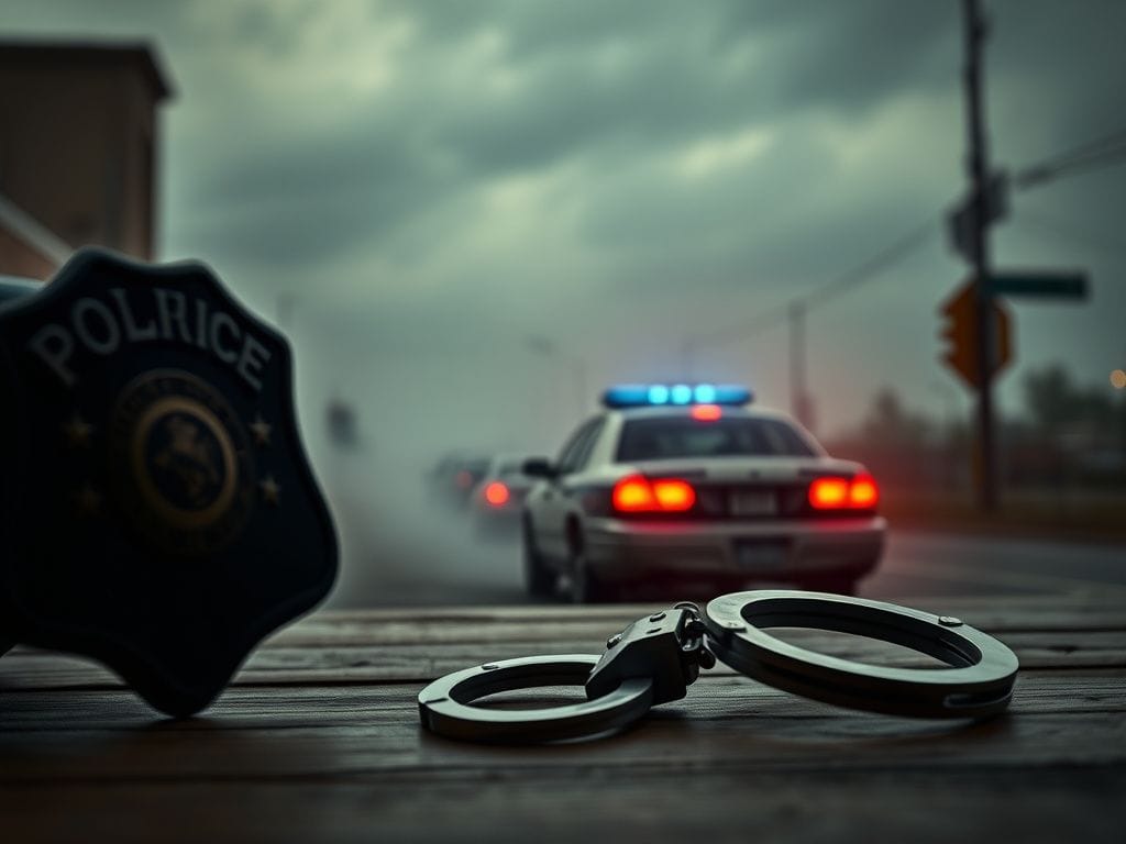 Flick International A blurred police badge and handcuffs symbolizing law enforcement tensions in Minnesota