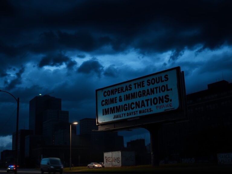 Flick International Darkened cityscape of Minneapolis at dusk with storm clouds and a provocative billboard about crime and immigration.