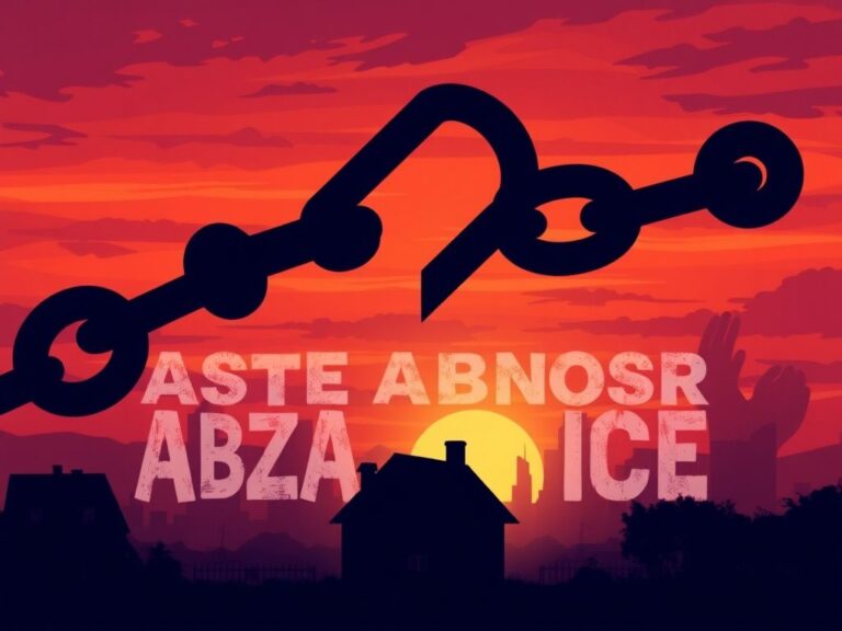 Flick International Illustration of a large, broken chain link against a cityscape at sunset symbolizing the call to abolish ICE