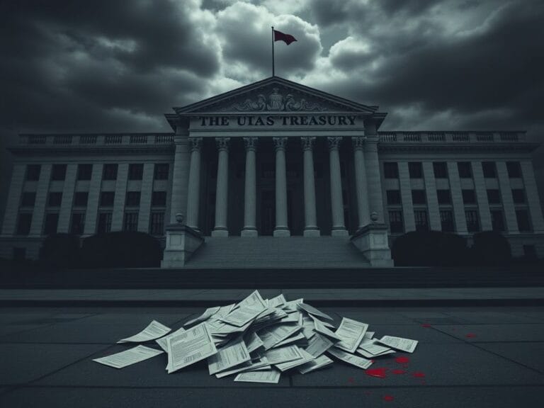 Flick International An imposing government building, resembling the U.S. Treasury, shrouded in shadows with discarded tax forms on the steps