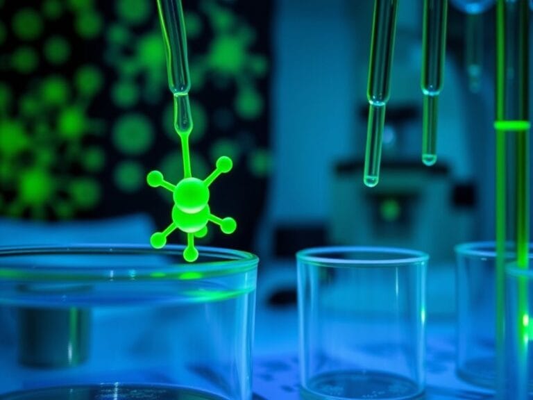 Flick International Abstract representation of a laboratory with petri dishes and fluorescent molecules symbolizing retinoic acid