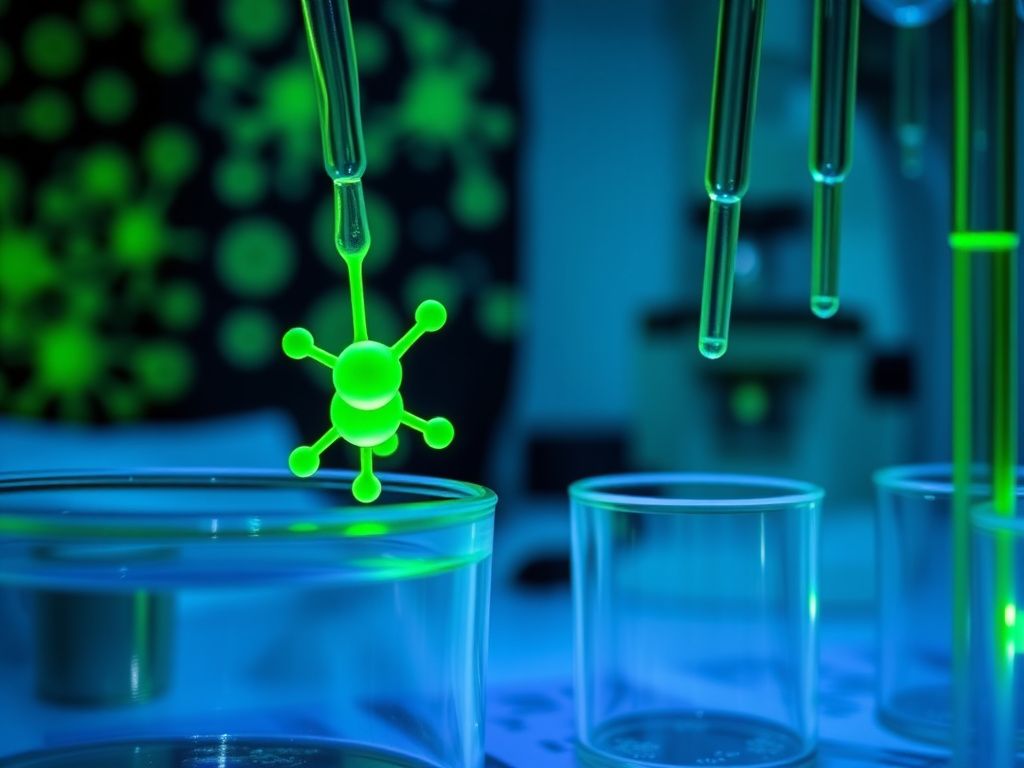 Flick International Abstract representation of a laboratory with petri dishes and fluorescent molecules symbolizing retinoic acid