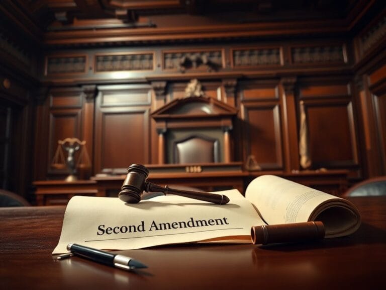 Flick International Empty wooden judge's bench with gavel and Second Amendment document