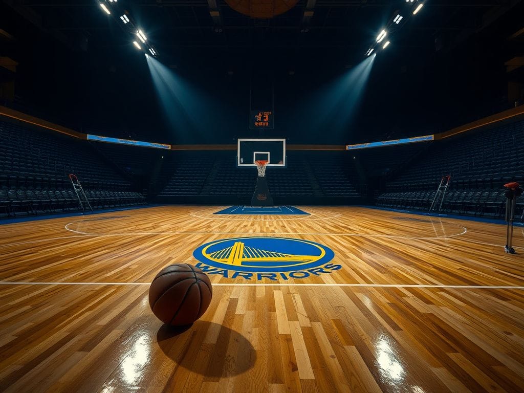 Flick International Empty basketball court with overhead lights shining on the gleaming hardwood floor, symbolizing the aftermath of Jimmy Butler's injury.