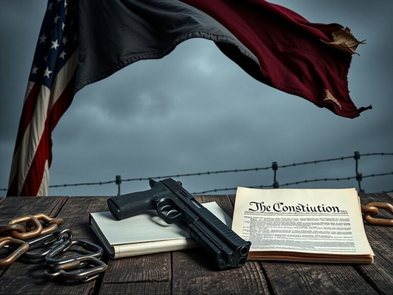 Flick International Close-up of a weathered American flag with a handgun on a wooden table, representing resilience and the Second Amendment.