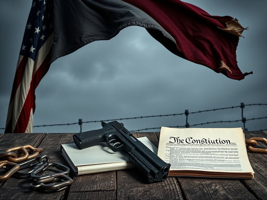 Flick International Close-up of a weathered American flag with a handgun on a wooden table, representing resilience and the Second Amendment.