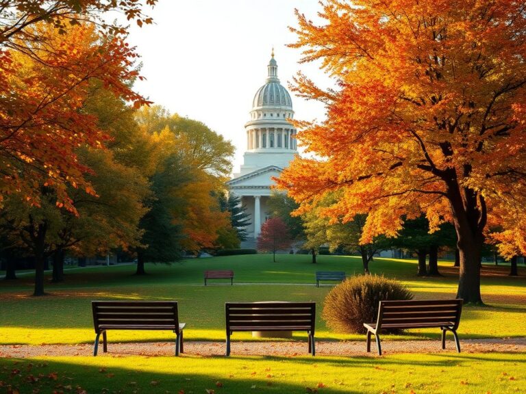 Flick International Serene autumn landscape in Minnesota with colorful fall foliage and a community park surrounded by trees