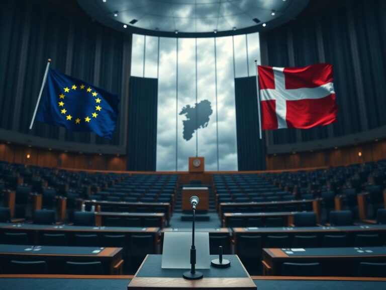 Flick International Dramatic view of the European Parliament chamber with flags and empty seats