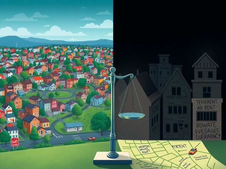 Flick International Conceptual illustration of a divided cityscape highlighting contrasting views on homeownership and tenant rights