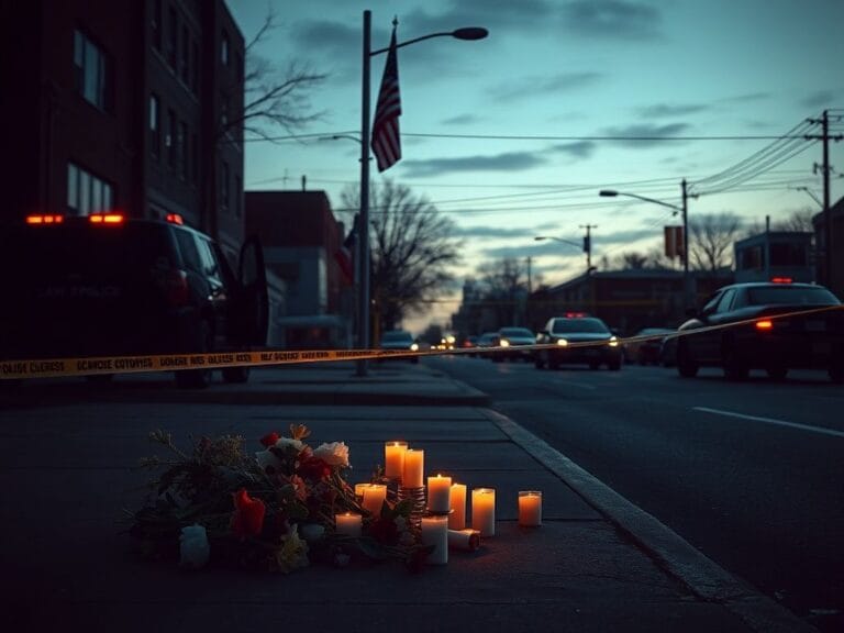 Flick International A dimly lit Minneapolis street scene with police vehicles and a memorial for Renee Good