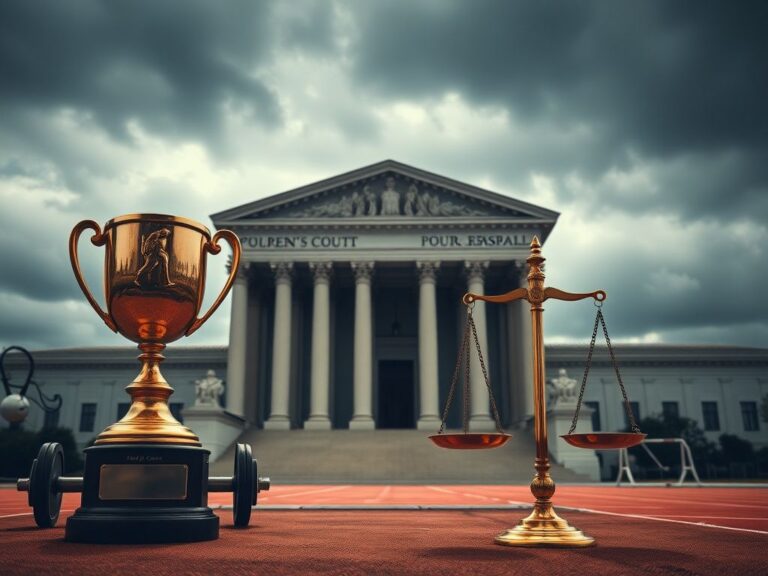 Flick International A dramatic Supreme Court building under a cloudy sky with a faded trophy and broken scale of justice in the foreground