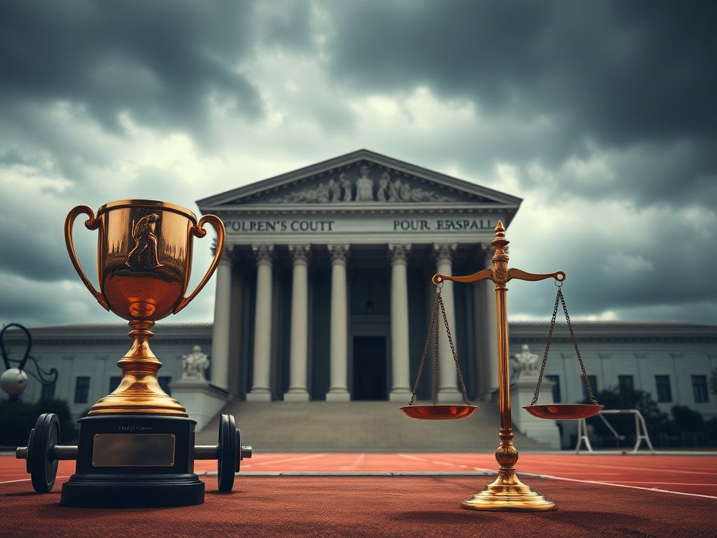 Flick International A dramatic Supreme Court building under a cloudy sky with a faded trophy and broken scale of justice in the foreground