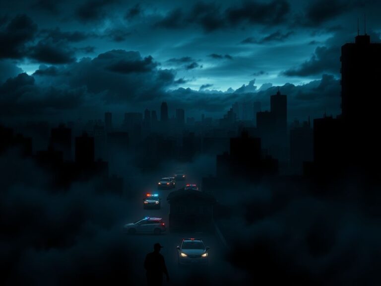 Flick International Dark, abstract urban landscape at dusk depicting law enforcement vehicles amidst tension and unrest