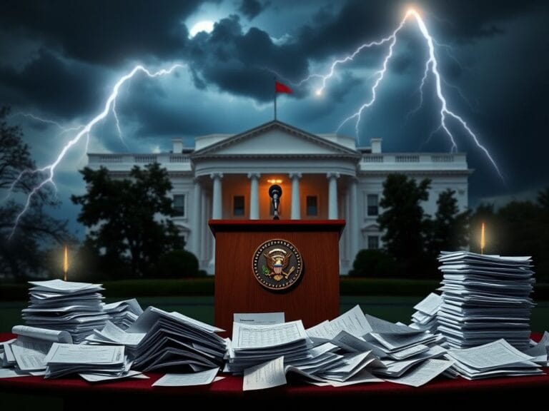Flick International Dramatic scene in front of the White House with empty podium and financial documents, symbolizing political conflict.