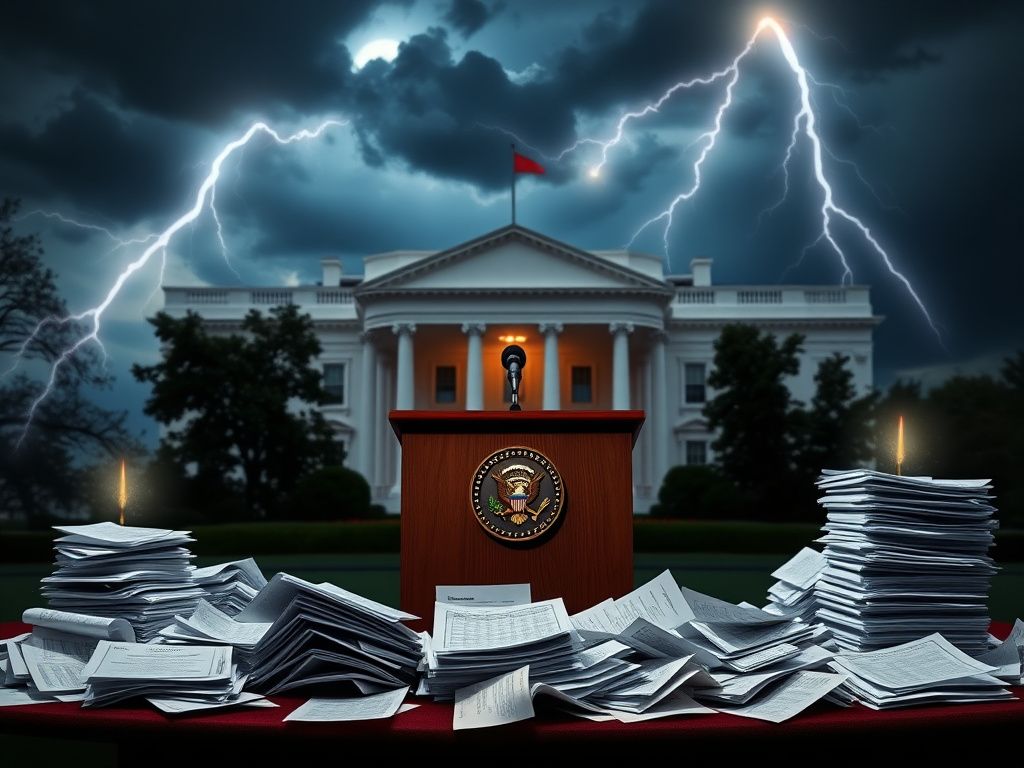 Flick International Dramatic scene in front of the White House with empty podium and financial documents, symbolizing political conflict.