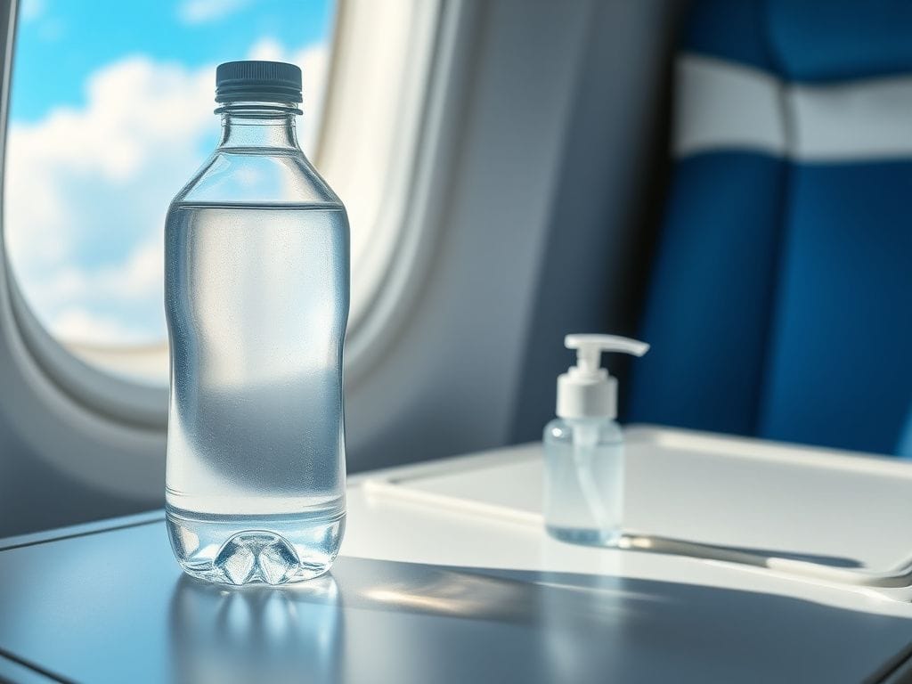 Flick International Close-up of a pristine water bottle and hand sanitizer on an airplane tray table