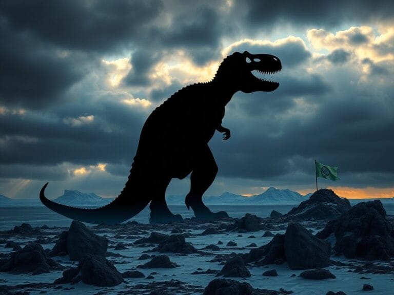 Flick International A dramatic T.rex silhouette looming over an Arctic landscape