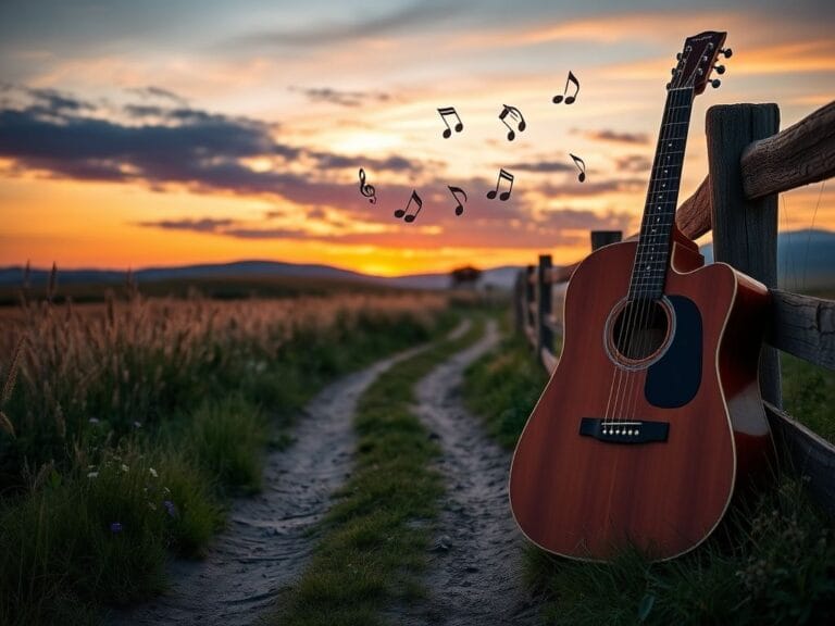 Flick International Acoustic guitar resting against an old wooden fence in a tranquil countryside at dusk