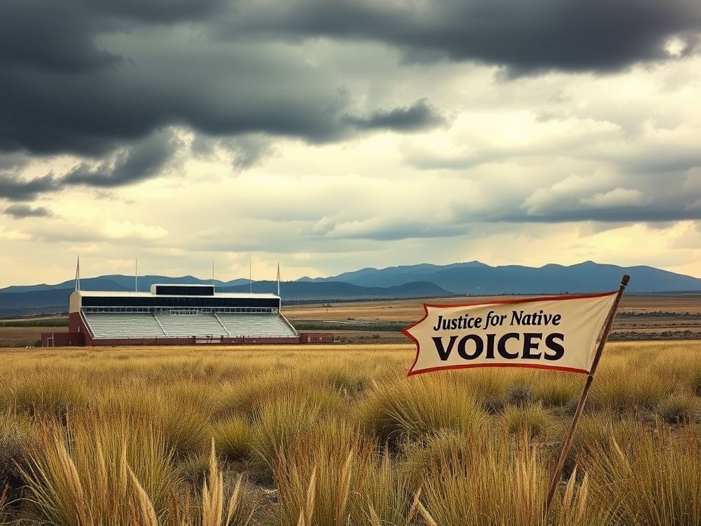 Flick International Dramatic landscape of a high school stadium with native grass and sagebrush under a stormy sky