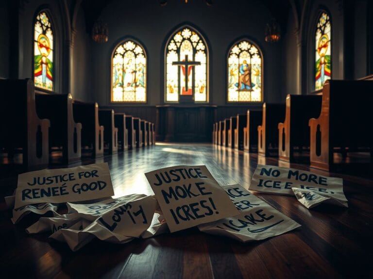 Flick International Empty church interior with warm sunlight and discarded protest signs