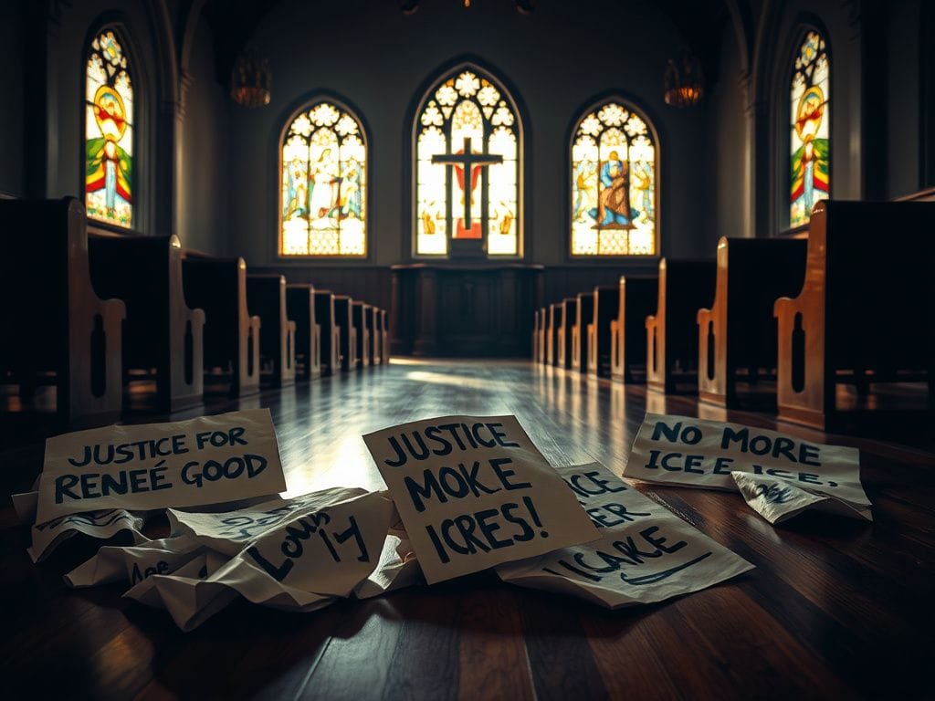 Flick International Empty church interior with warm sunlight and discarded protest signs