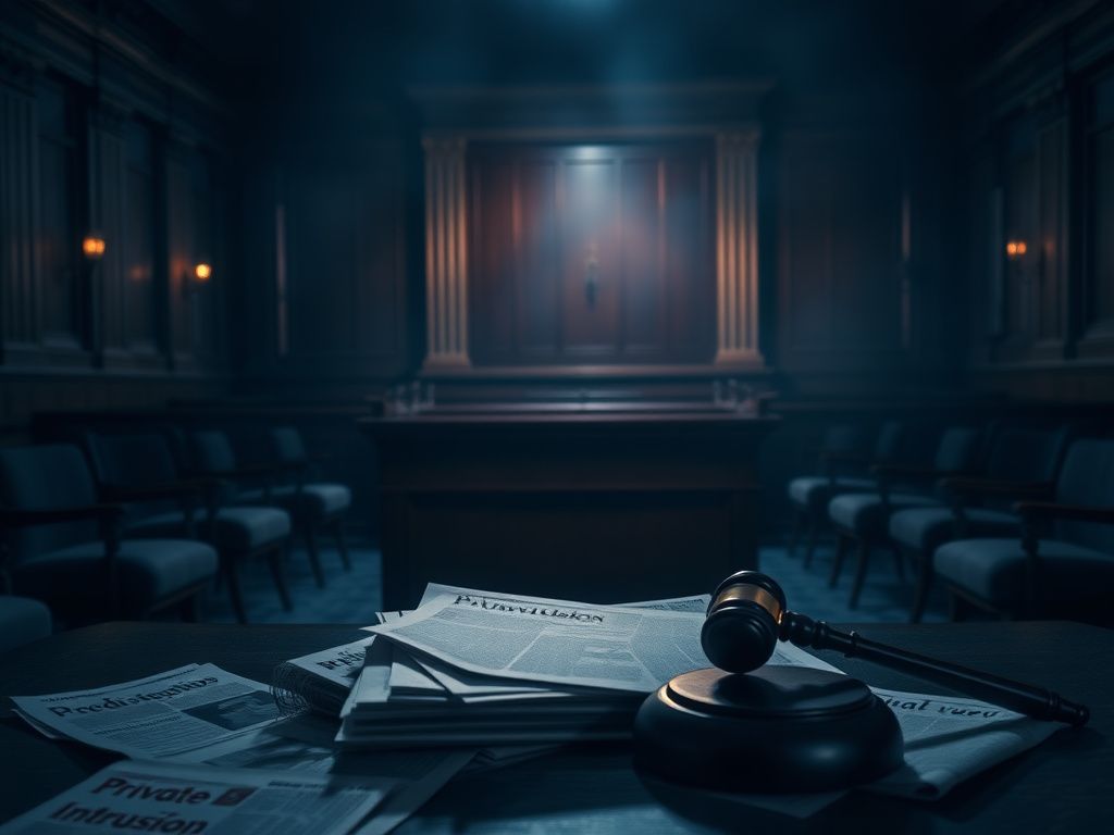Flick International A dimly lit courtroom scene with legal documents and a gavel, symbolizing high-stakes litigation.