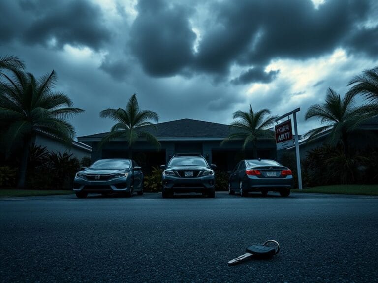 Flick International Still neighborhood scene with parked cars and ominous gray clouds