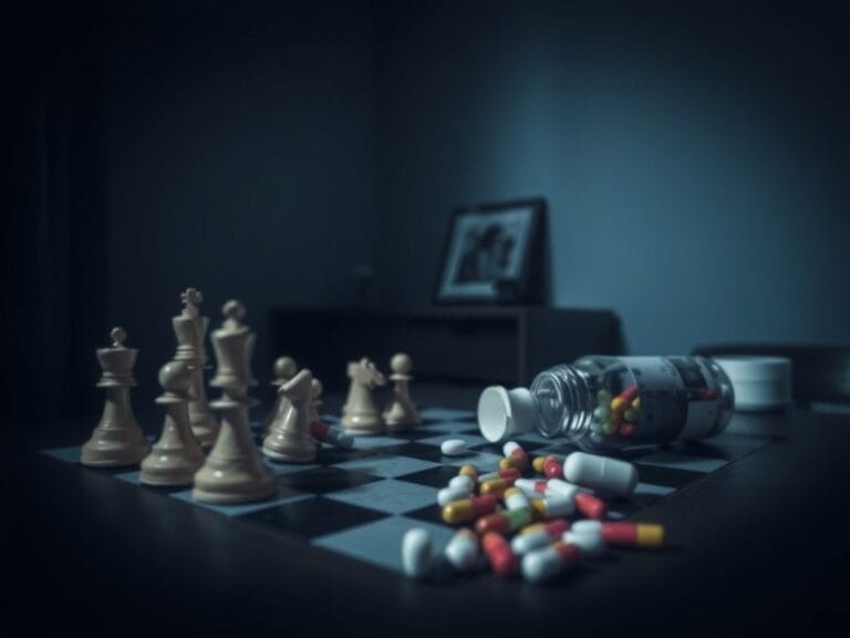 Flick International Chessboard mid-game setup with pills spilling in a dimly lit room