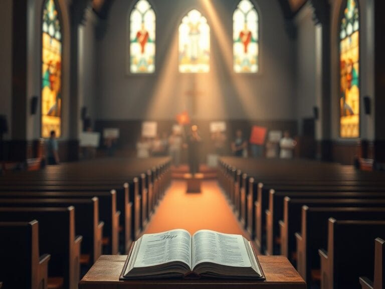 Flick International A serene church interior with stained glass windows illuminating empty pews and an open Bible on the pulpit